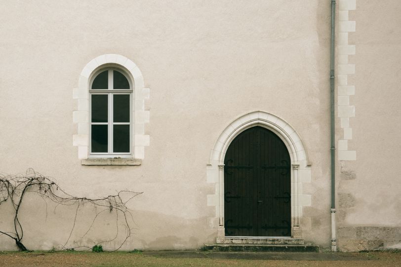 Facade of a simple house with a door, a window, a gutter and a vine