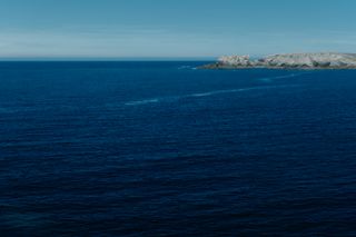 A dark blue sea cut by rocky shores