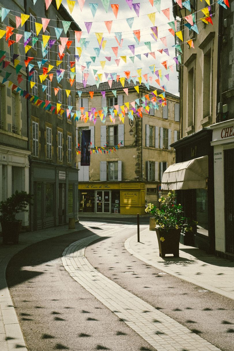 Empty small town with celebration decorations
