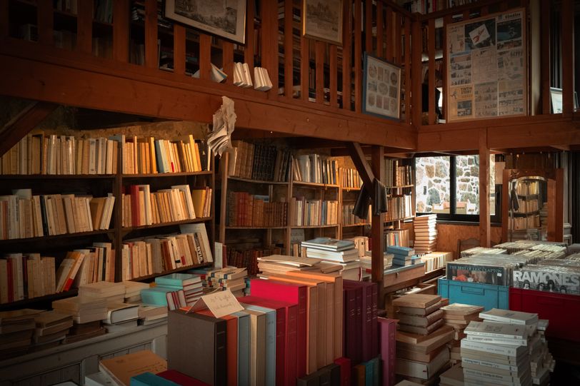 Inside a filled book shop