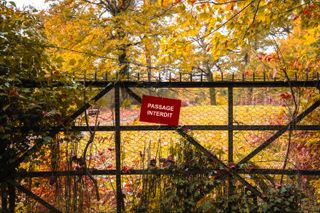 A fence in bad shape with barbwire and a sign of forbidden access before a gorgeous garden in autumn