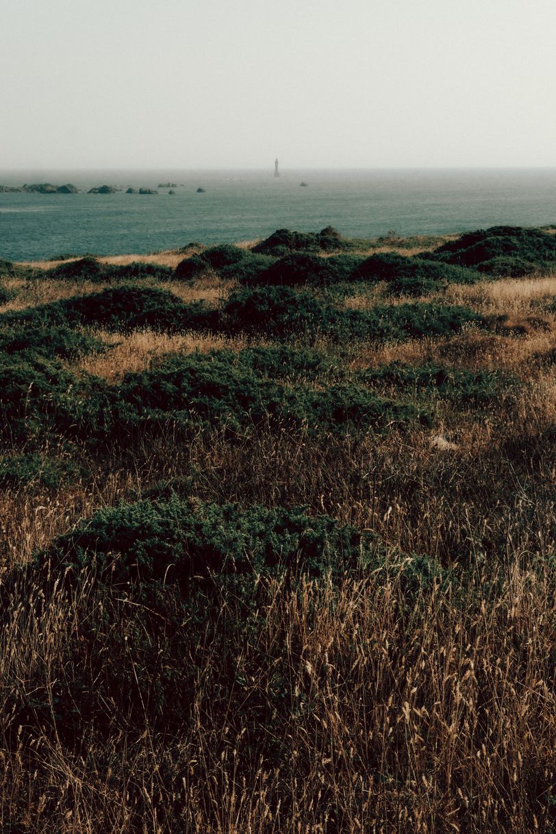 View on a lighthouse in the sea from a field on a cliff