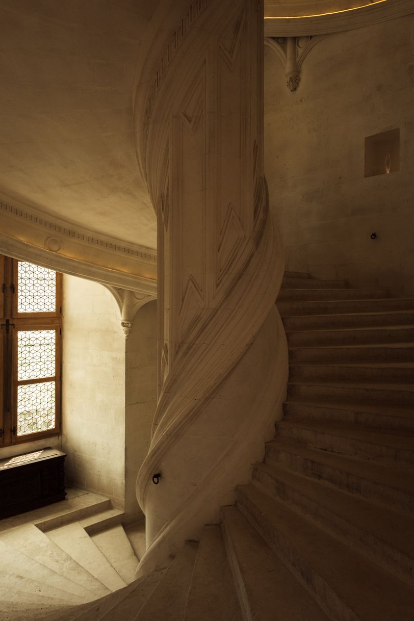 Inside a castle's spiral staircase