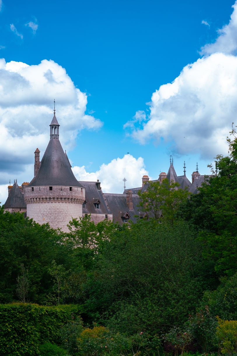 Top of a castle hidden behind trees under a blue sky with a few clouds