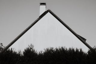 Triangular side of a house behind a row of trees