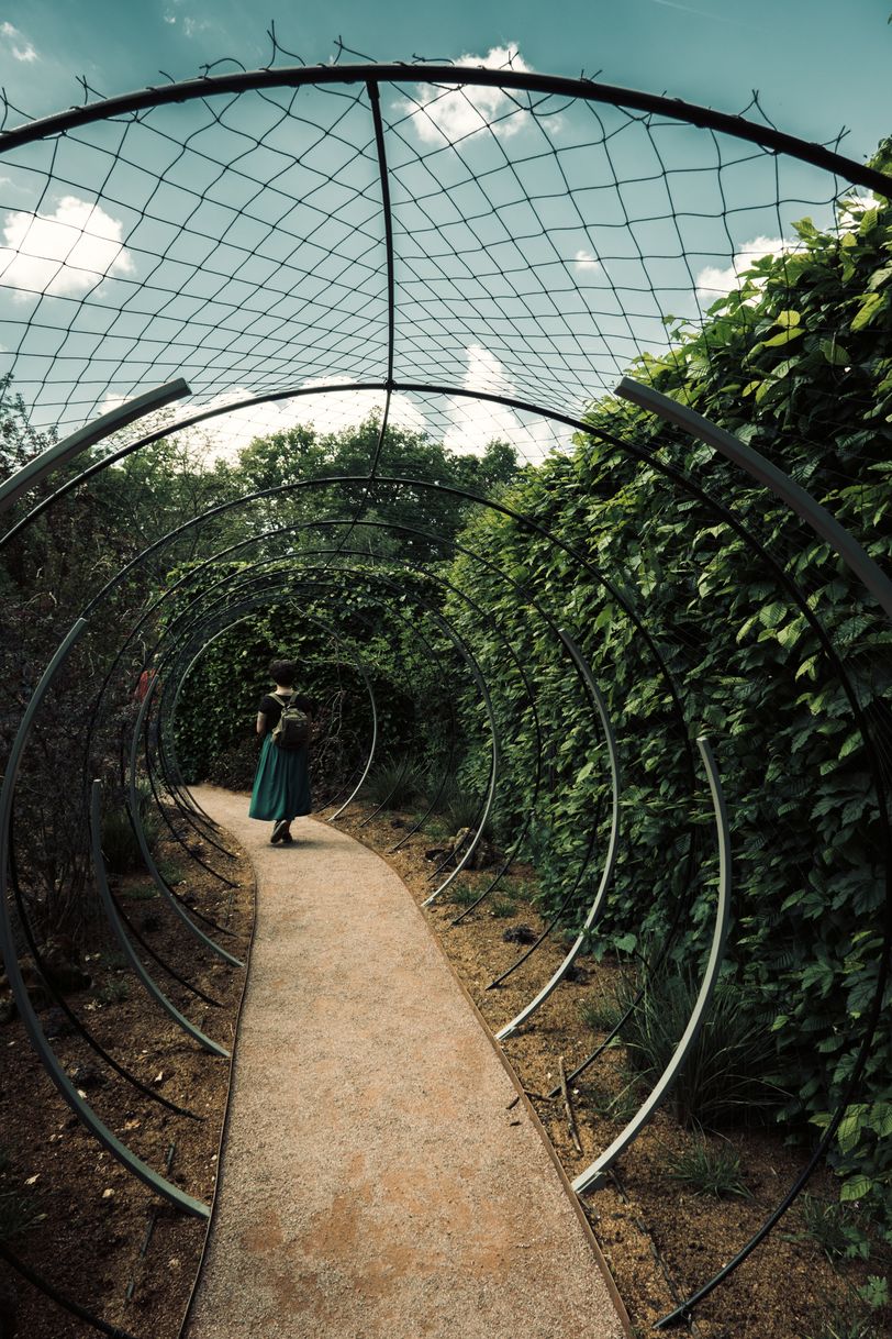 A lady walking on a footpath within a range of circles