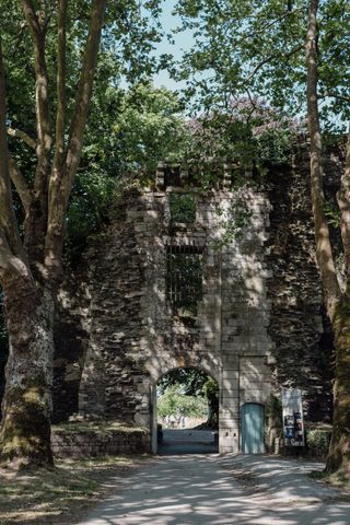 A path leading to an ancient massive stone wall with a gate through it and two big trees on each side of the path.