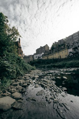 View from a river passing through a village