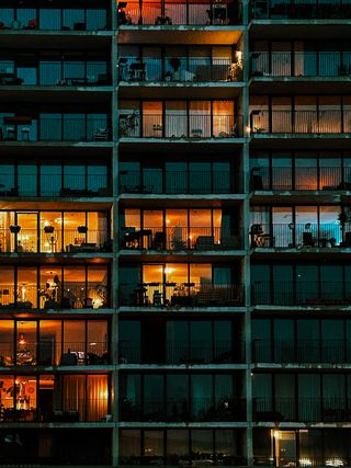 Facade of a building in Rotterdam in the evening