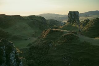 View on the fairy glens while the sun is setting with a warm light