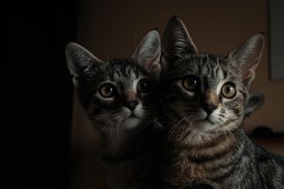 Close up on two kittens sit to next each other looking at the camera with curiosity