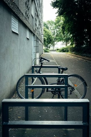 A bicycle parked in a path between a building and dense trees