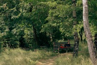 A woman lying down on a bench right under the shadow of a tree on a rural path