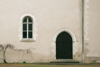 Facade of a simple house with a door, a window, a gutter and a vine