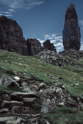 Stone stairs leading to the top of the old man of Storr in Scotland