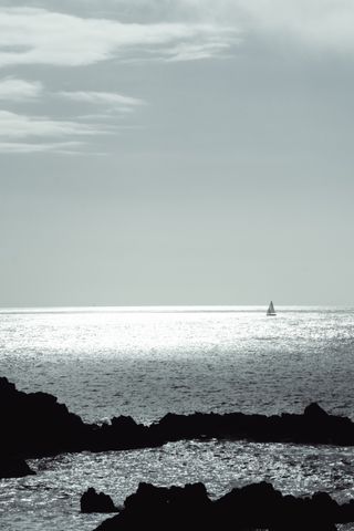 A single sailboat in a quiet sea viewed from the shore