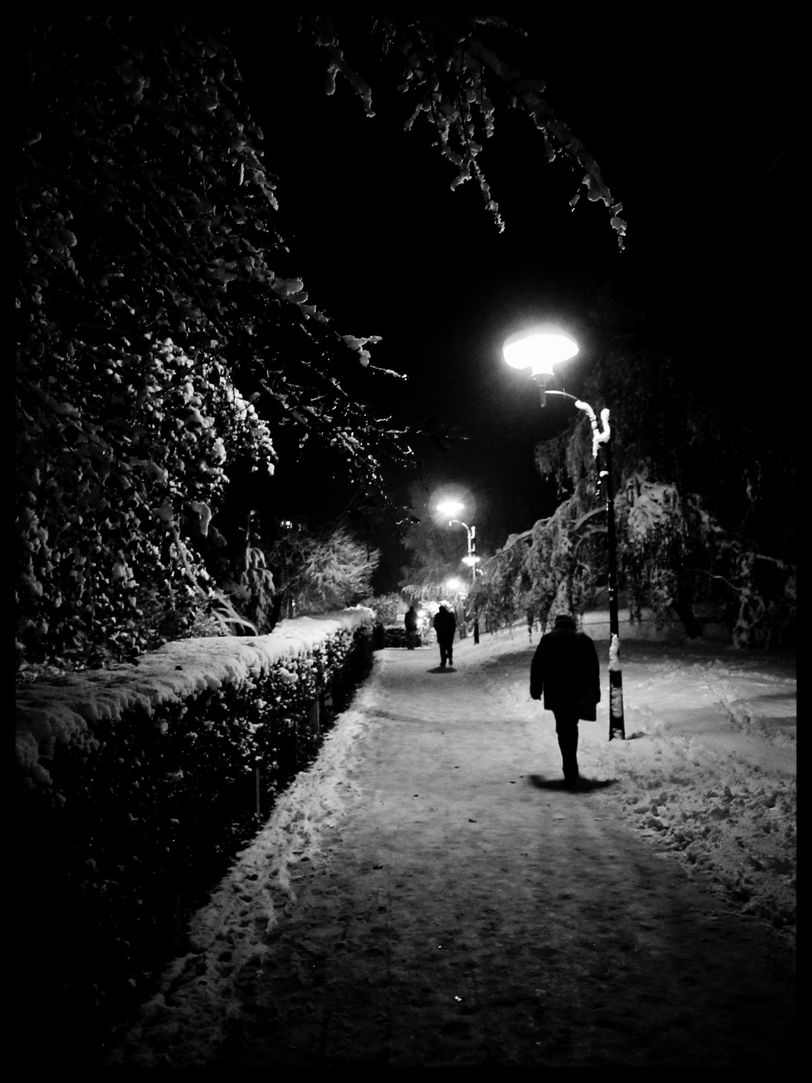 Path in the night during a snowfall with people going home after work.
