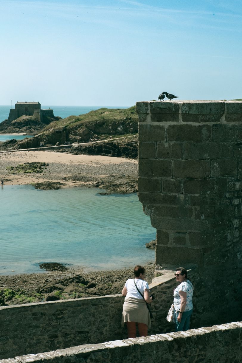 Two friends discussing on ramparts mimicked by two pigeons on top of them
