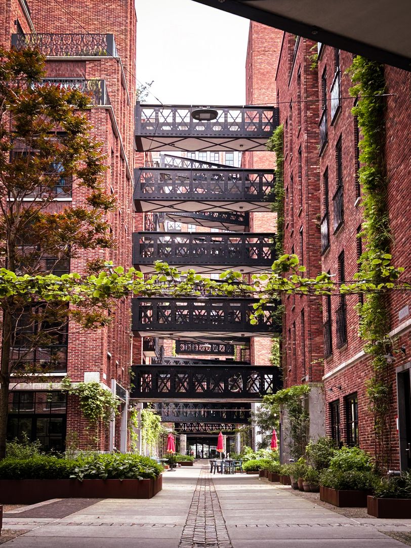 Buildings in Rotterdam made of red bricks, decorated with plants and trees, connected to each other with black bridges