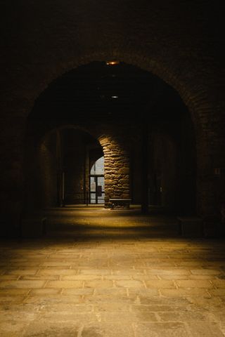 Long, empty and barely enlighten hallway